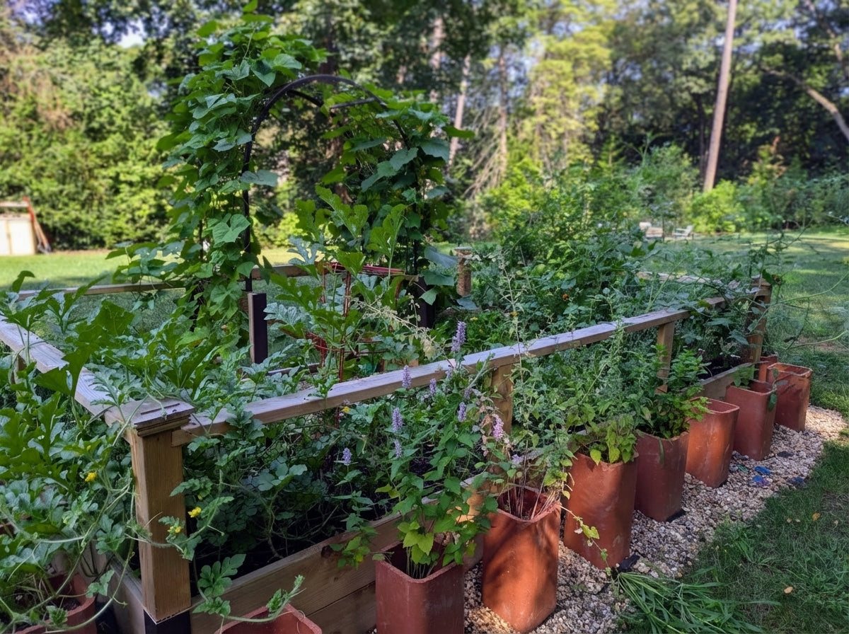 a raised bed vegetable garden with herbs in planters and cedar raised beds